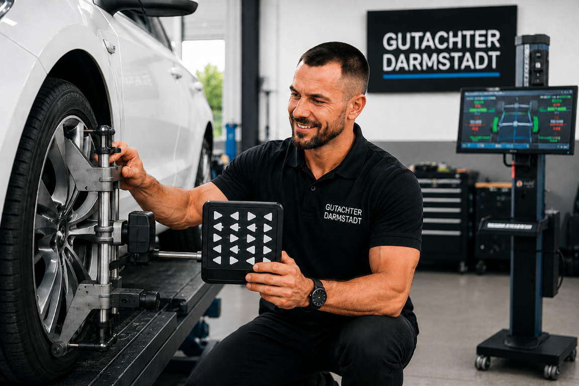 Sachverständiger von Gutachter Darmstadt bei der Achsvermessung