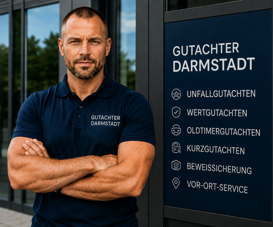 Sachverständiger von Gutachter Darmstadt vor dem Firmenschild